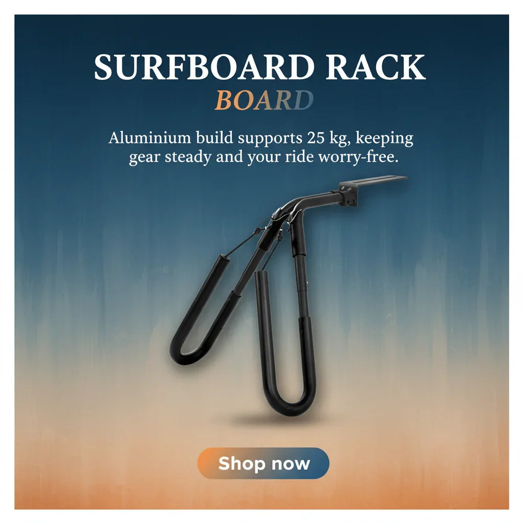 Aluminum surfboard rack for electric bike, supports 25 kg, padded arms, blue-orange background.