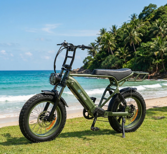 Green electric bike on a grassy area with a beach and trees in the background