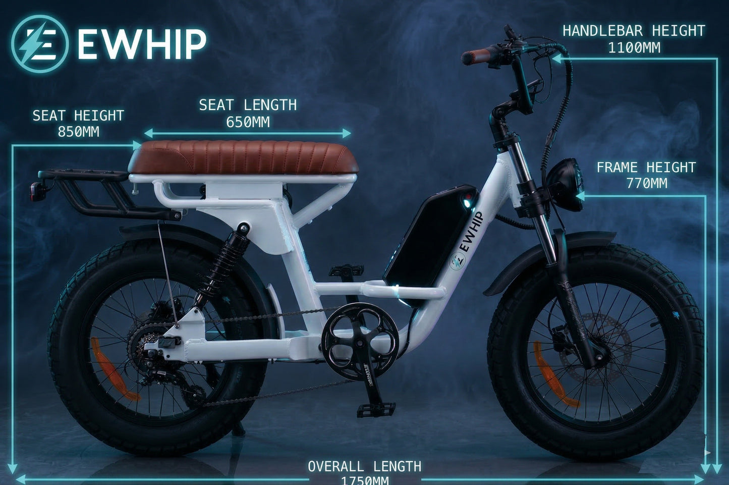 Electric bike side view with fat tyres, brown seat, and labeled frame, seat, and handlebar dimensions