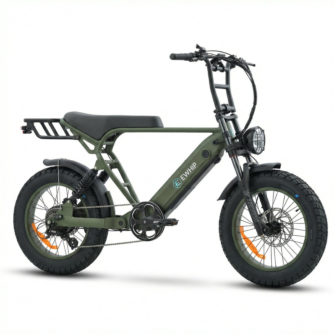 Green EWHIP e-bike with fat tires, rear rack, and front headlight for urban commuting