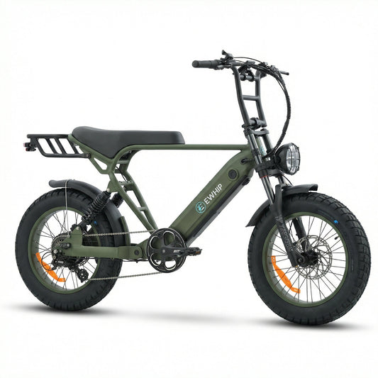 Green EWHIP e-bike with fat tires, rear rack, and front headlight for urban commuting