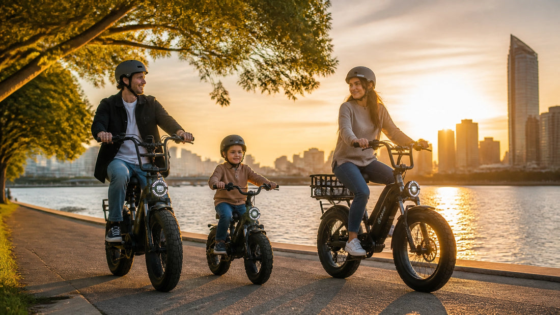 Family riding vintage-inspired fat tyre electric bikes beside the Brisbane River at golden hour