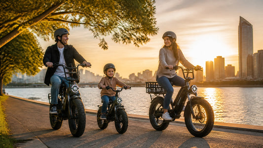 Family riding vintage-inspired fat tyre electric bikes beside the Brisbane River at golden hour