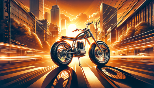 Stylish street-legal e-bike with fat tires on urban road at sunset, EN15194 certified, Samsung-powered