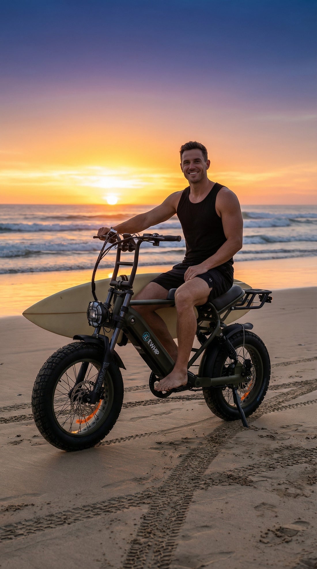 Man on stylish e-bike with surfboard at beach sunset, EN15194 certified, Samsung-powered, street-legal