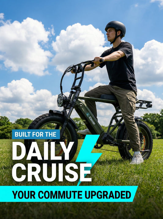 Man riding stylish street-legal e-bike on grass, built for daily commute with EN15194 certification