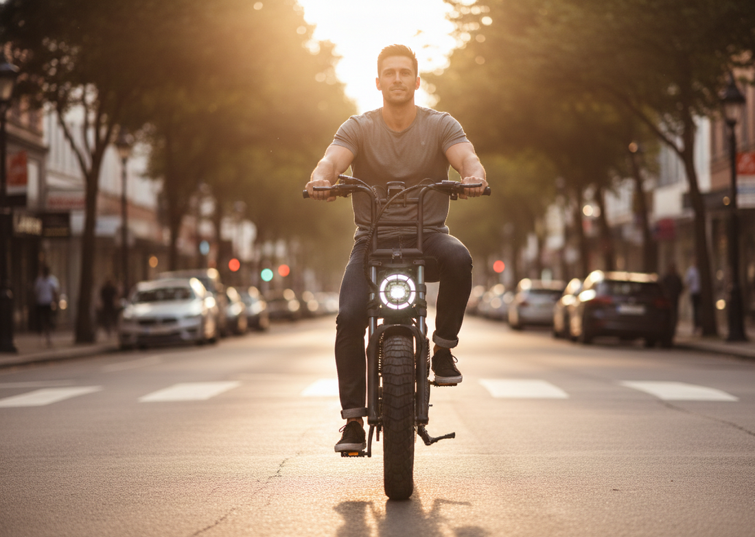 Man riding stylish street-legal e-bike on city street at sunset, EN15194 certified with bright headlight