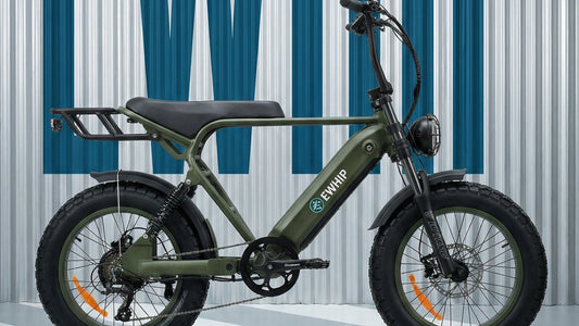 Olive green e-bike with fat tires, rear rack, and EN15194 certification, ideal for urban commuting and off-road adventures.