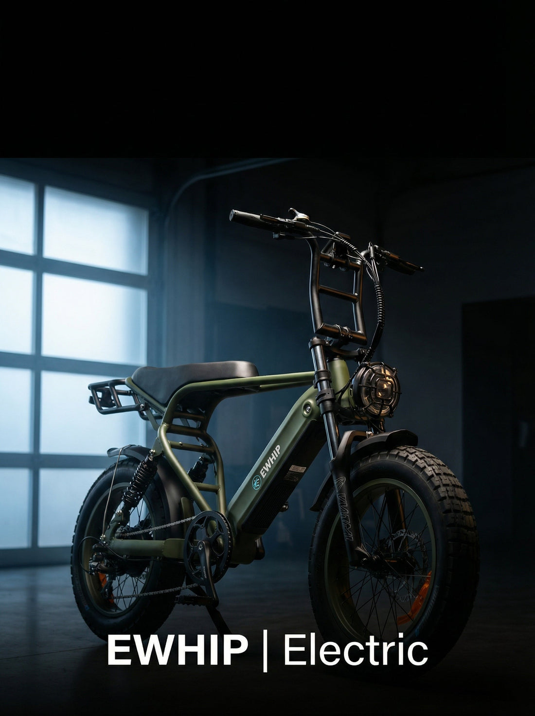 Olive green EWHIP electric bike with fat tires, front headlight, and rear rack in a studio setting