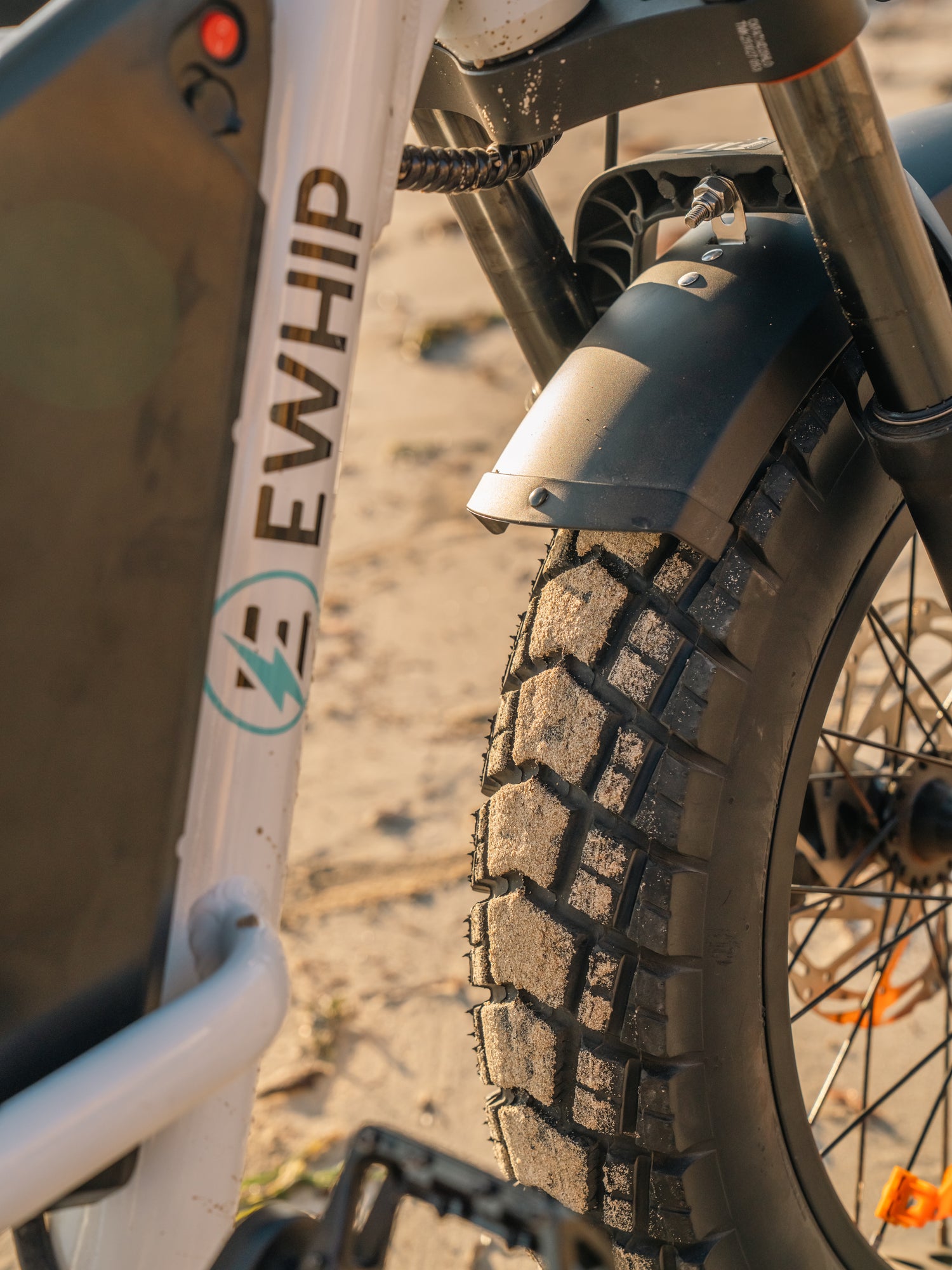 The Captain 20x4 inch all-terrain fat tyre and EWHIP frame close-up on the beach