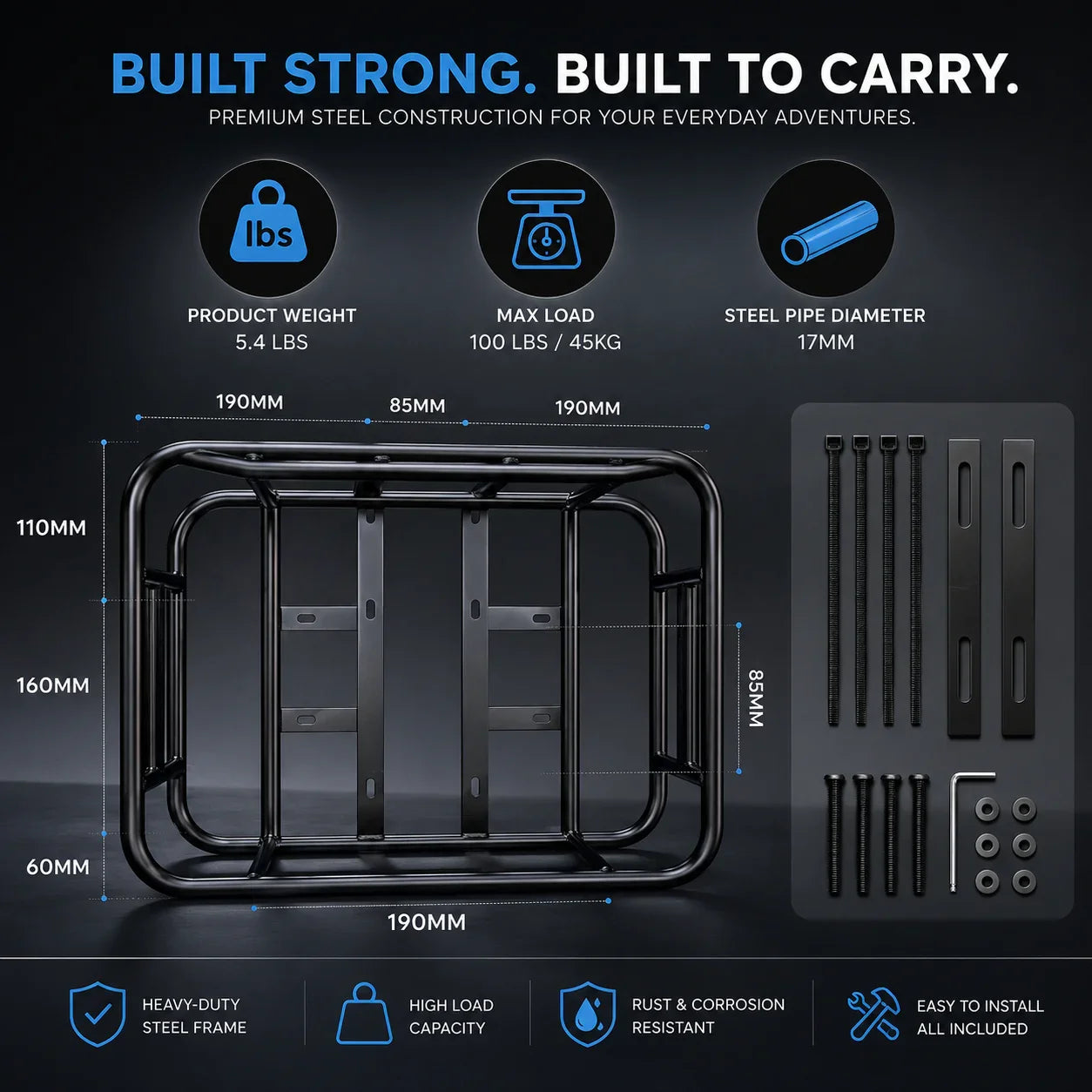 Heavy-duty steel e-bike rear rack with 100 lbs max load, rust-resistant, easy install kit included