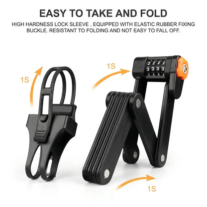 Foldable bike lock with combo dial, quick 1-second fold, elastic rubber buckle, high-hardness sleeve