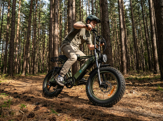 Person riding an electric bike in a forest