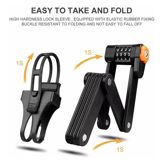 Black lock with orange accents being folded and extended on a white background