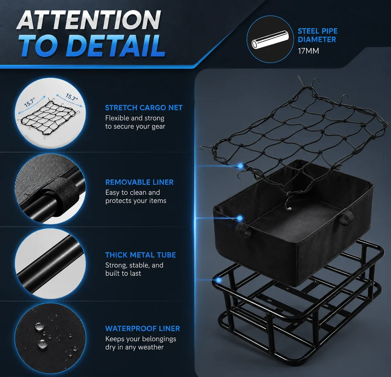 Black e-bike cargo basket with stretch net, waterproof liner, and 17mm steel frame for secure storage