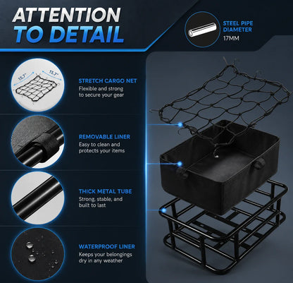 Black e-bike cargo basket with stretch net, waterproof liner, and 17mm steel frame for secure storage