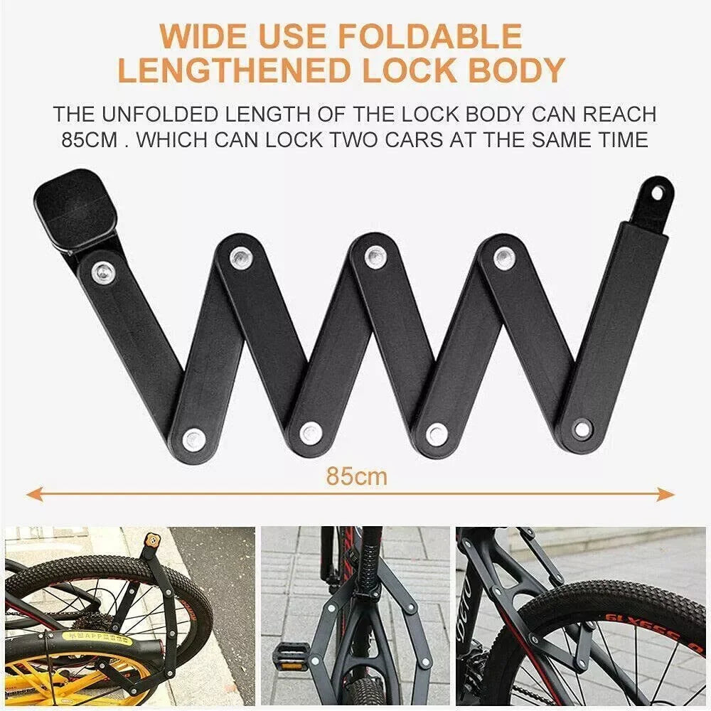 Foldable 85cm bike lock for securing e-bikes, shown locking wheels and frames
