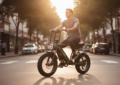 Man riding The Boom 250W electric bike, showing riding posture and motorcycle-grade rear suspension