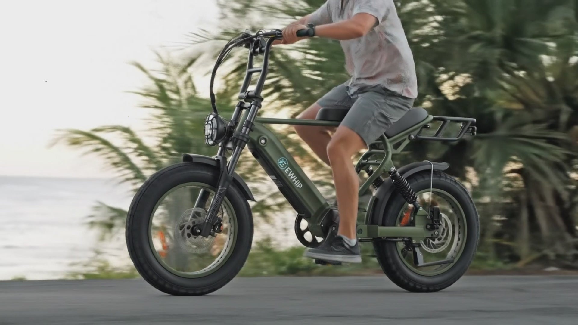 Load video: In this video, you'll see the Ewhip e-bike handling sandy terrain, ocean views, and morning light like a dream. The olive green colorway looks absolutely incredible against the beach backdrop.
