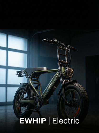 Front diagonal view of The Boom ebike displaying 20x4.0 Vee fat tyres and hydraulic front fork