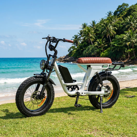 TWhite vintage electric cruiser bike parked on a tropical beach - EWHIP street legal electric bikes Australia highlighting 20x4.0 Vee fat tyres for sand